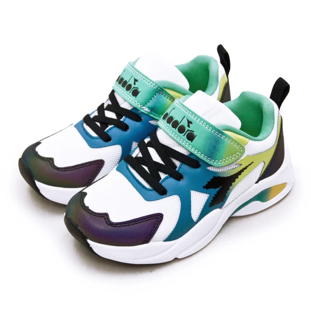 【DIADORA】中童 迪亞多那 19cm-23cm 輕量寬楦緩震慢跑鞋 繽紛炫光系列(白藍綠 11070)