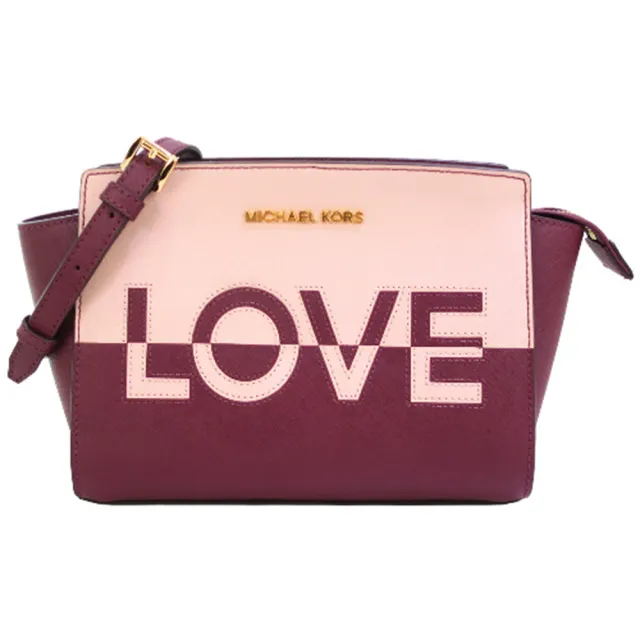【Michael Kors】LOVE撞色防刮牛皮蝙蝠斜背包(中/梅洛紅)