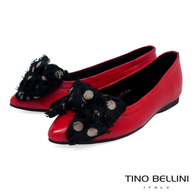 【TINO BELLINI 貝里尼】絲帶蝴蝶結全真皮柔軟尖頭娃娃鞋 VI8573(紅)