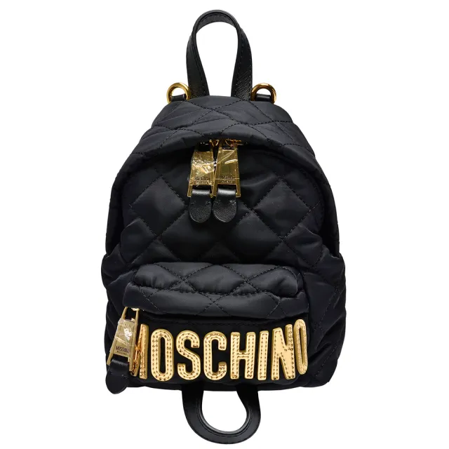 【MOSCHINO】菱格紋縫線金色LOGO尼龍手提/後背包(迷你-黑B7609-8201-2555)