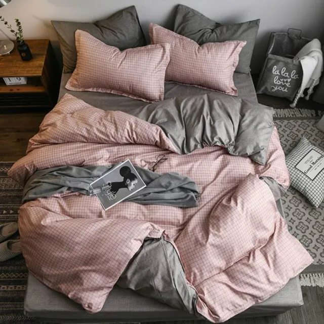 【JEN】北歐風床單被套枕套4件組-格粉(單人或雙人床通用)