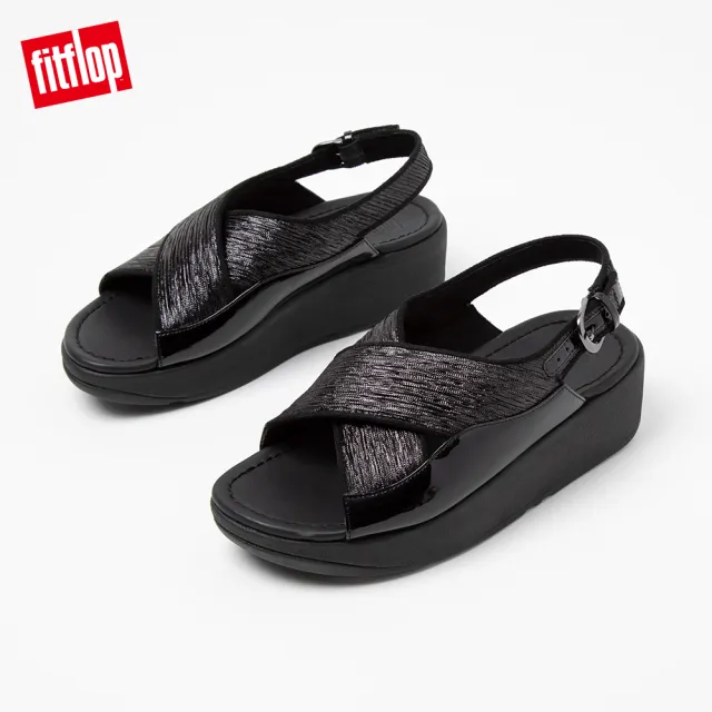 【FitFlop】MYLA GLITZ BACK-STRAP SANDALS 奢華金屬髮絲紋交叉後帶涼鞋-女(靚黑色)