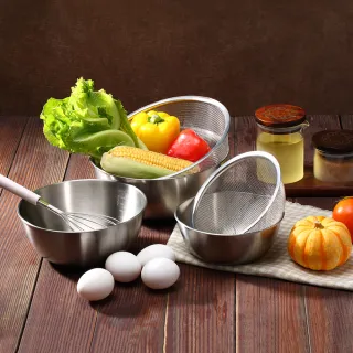 【掌廚可樂膳】不鏽鋼蔬果料理盆+瀝水籃超值家庭號6件組(贈耐熱玻璃烤盤砧板700ML)