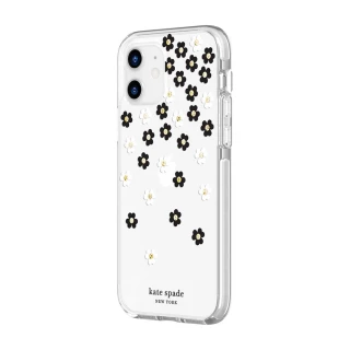 【KATE SPADE】iPhone 12/12 Pro 6.1吋 Scattered Flowers 黑白小花 金色鑲鑽透明殼(iPhone 保護殼)