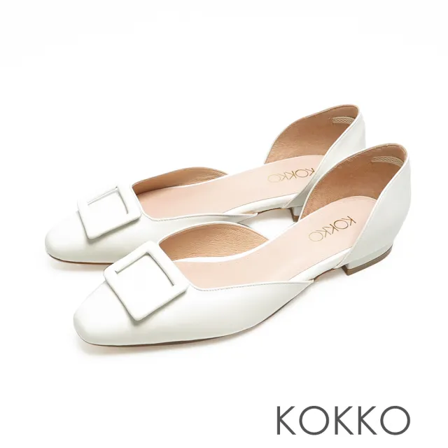 【KOKKO 集團】柔軟感綿羊皮方扣鏤空粗跟鞋(奶霜白)