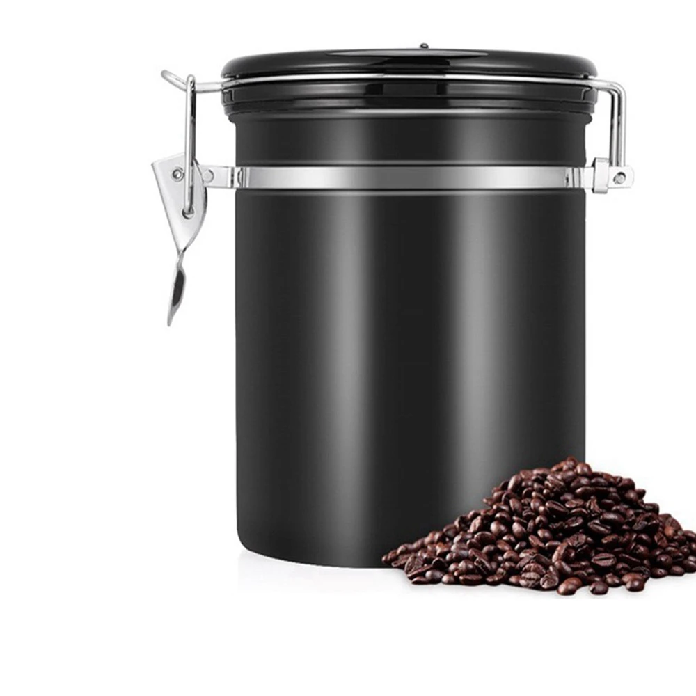 居家生活用品304不銹鋼咖啡豆密封罐排氣閥密封儲物罐茶葉罐乾果(咖啡罐帶勺I90)