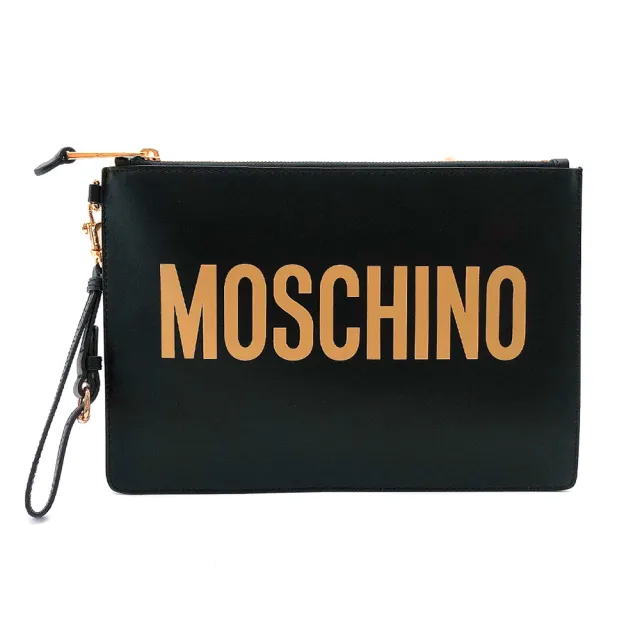 【MOSCHINO】金徽標印花牛皮手拿包(黑)