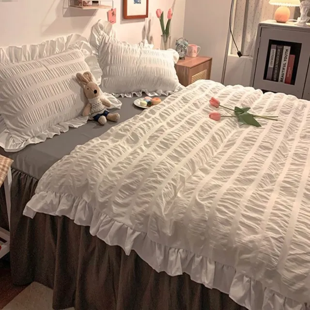 【JEN】泡泡紗水洗棉素色韓式公主風蕾絲四件式床單被套枕套組(雙人白+灰色)