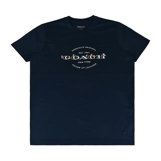 【COACH】COACH黑字印花LOGO花朵刺繡設計純棉圓領短袖T恤(亮海軍藍)