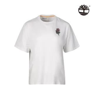 【Timberland】女款白色刺繡玫瑰品牌標誌有機棉短袖T恤(A25FD100)