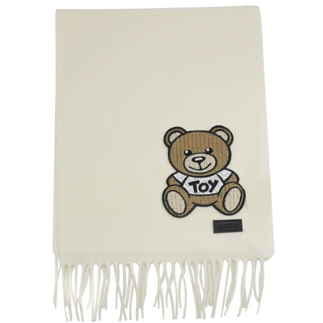 【MOSCHINO】簡約品牌小熊純羊絨毛線針織流蘇披肩長圍巾(米白)