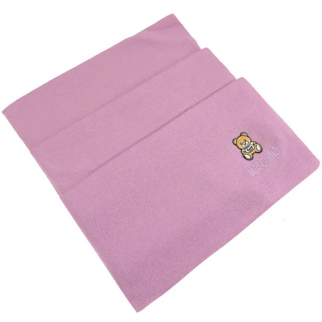 【MOSCHINO】簡約品牌英文小熊純羊絨毛針織流蘇披肩長圍巾(粉紫)