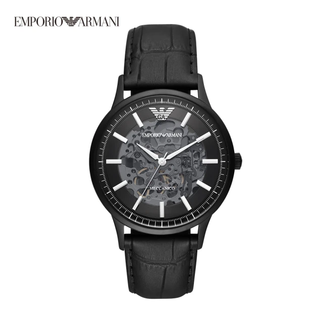 【EMPORIO ARMANI 官方直營】Renato 都會鏤空機械手錶 黑色真皮錶帶 43MM AR60042