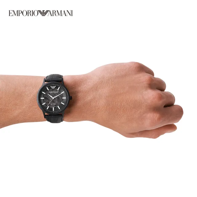 【EMPORIO ARMANI 官方直營】Renato 都會鏤空機械手錶 黑色真皮錶帶 43MM AR60042