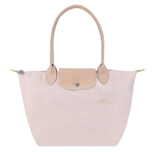 【LONGCHAMP】LE PLIAGE GREEN系列刺繡長把再生尼龍摺疊水餃包(小/花粉)