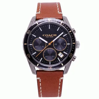 【COACH】COACH 美國頂尖精品簡約時尚三眼計時皮革腕錶-黑+咖啡-14602410