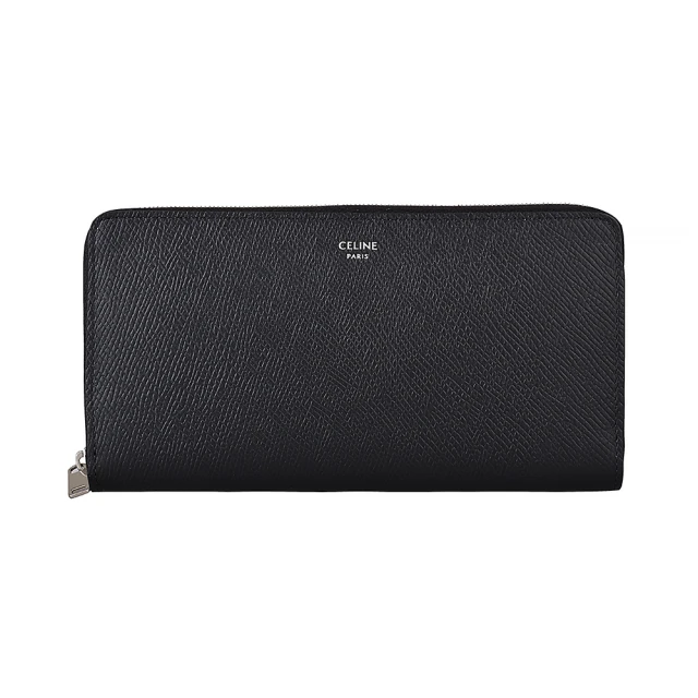 【CELINE】CELINE 銀字LOGO荔枝紋設計小牛皮12卡長夾(黑)