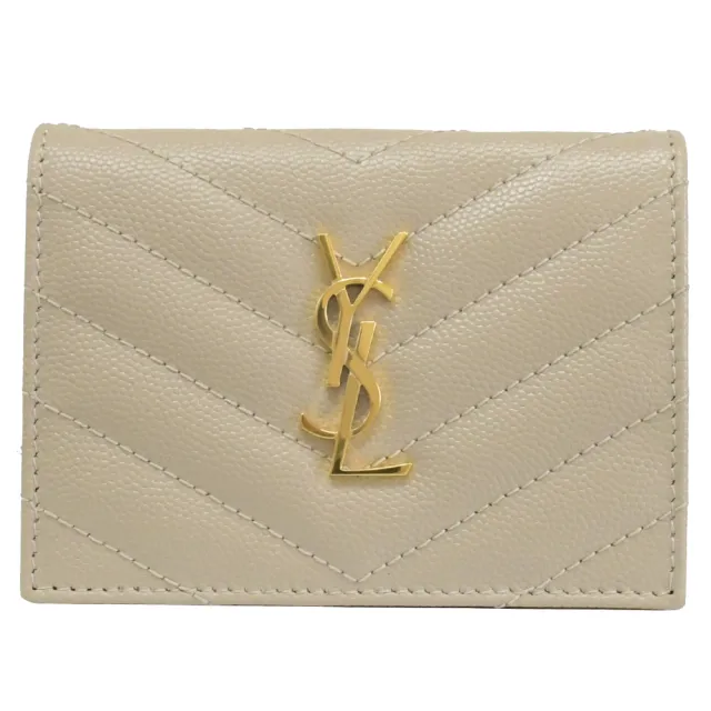 【YSL】金屬字母LOG菱格V字紋牛皮雙折零錢小短夾(淺褐)