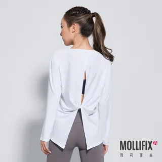【Mollifix 瑪莉菲絲】美背扭結長袖訓練上衣(白)