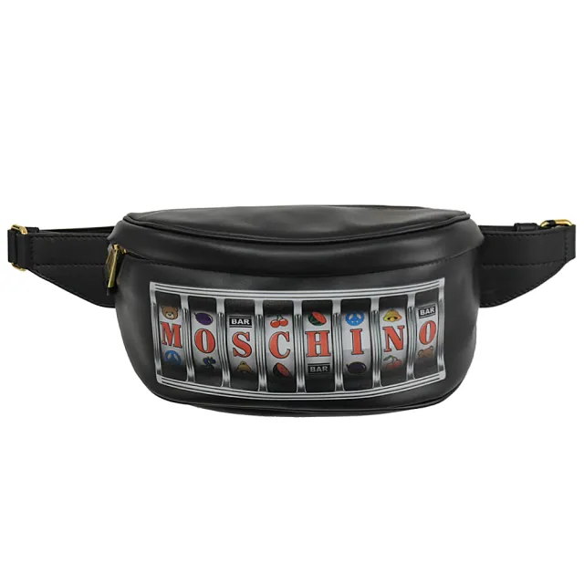 【MOSCHINO】趣味拉霸機品牌LOGO圖案三用後背包胸口包腰包(黑)