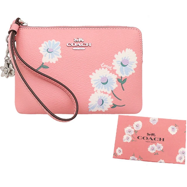 COACH【COACH】粉紅x小雛菊PVC印花手拿包＋花朵&愛心吊飾禮盒組