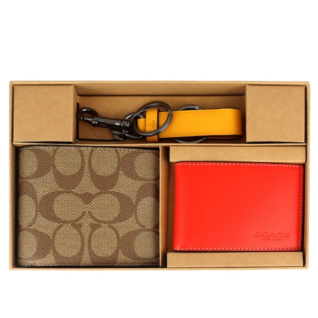 【COACH】短夾鑰匙圈名片夾三件禮盒(卡其/橘/黃色)