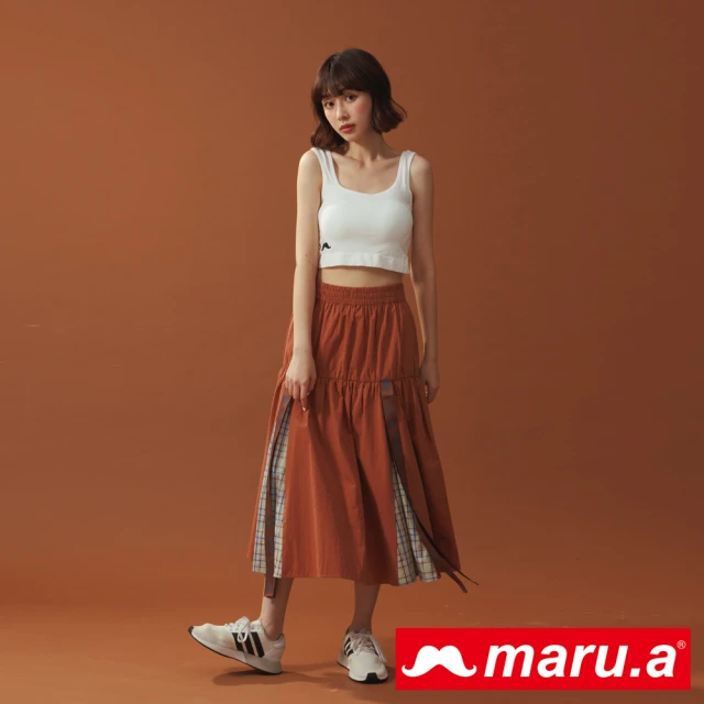 maru.a【maru.a】個性學院風格紋拼接傘擺長裙(咖啡)