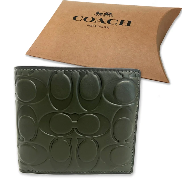 【COACH】壓印C LOGO8卡男款短夾附活動證件夾禮盒(墨綠)