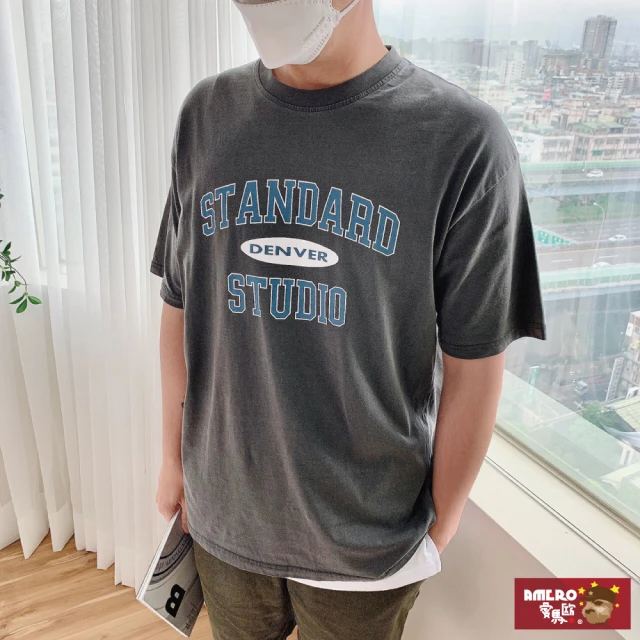 【AMERO】男女裝 水洗圓領短袖T恤(英文印花 寬鬆 落肩 情侶裝)
