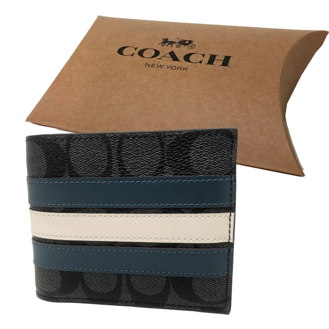 【COACH】C LOGO橫紋男款8卡短夾附活動證件夾禮盒(藍白橫紋)
