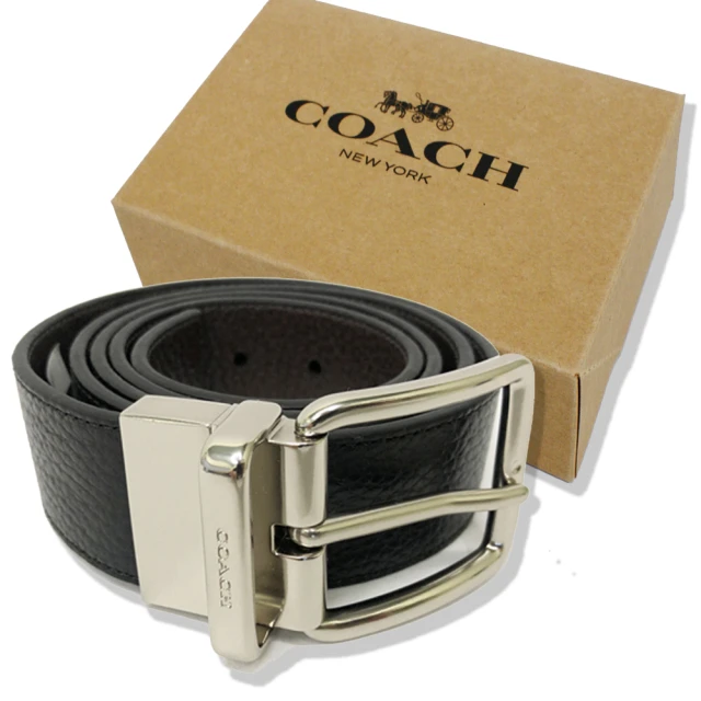 COACH【COACH】低調LOGO素面牛皮男款寬版皮帶禮盒(銀色釦頭/黑)