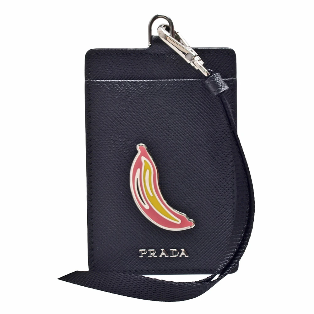 經典品牌浮雕LOGO香蕉標誌防刮牛皮萬用掛繩卡片/證件夾(黑1MC07M-SAFFIANO SMALTO-NERO)