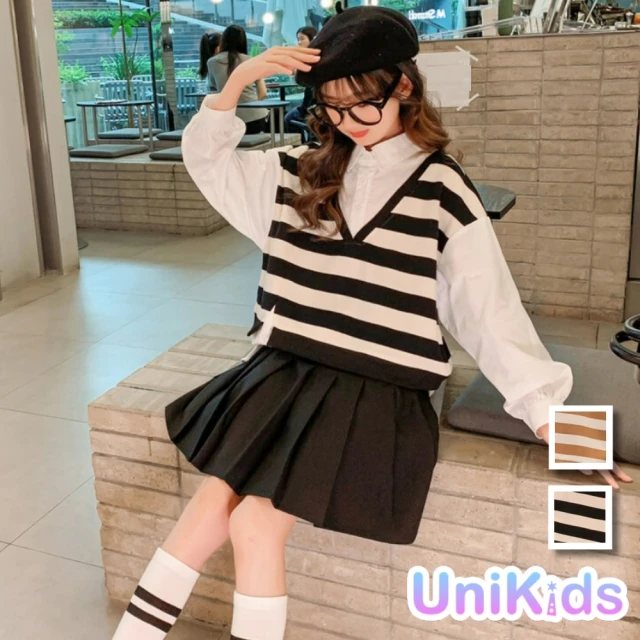 UniKids【UniKids】中大童2件式套裝假兩件條紋襯衫上衣百褶短裙 女大童 JS2251(黑 卡其)