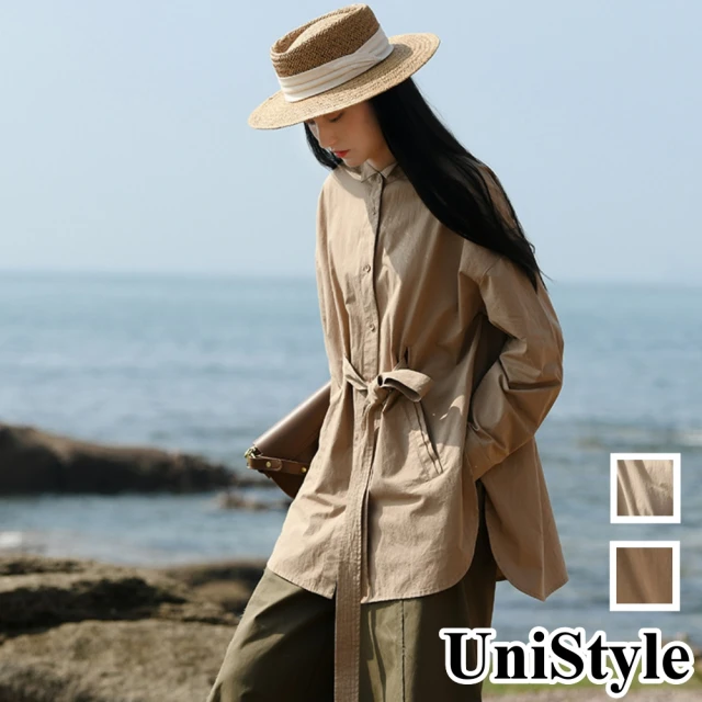 UniStyle【UniStyle】原創款文青風設計感小眾飄帶收腰寬鬆襯衫 女 FA5937(卡其 咖啡)