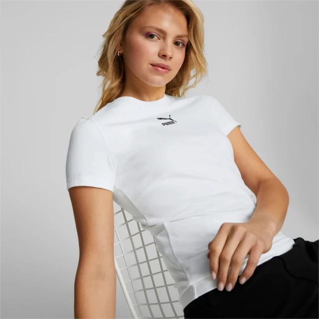 【PUMA】圓領上衣 運動上衣 流行系列Classics 合身 短袖 T恤 女 白(53561002)