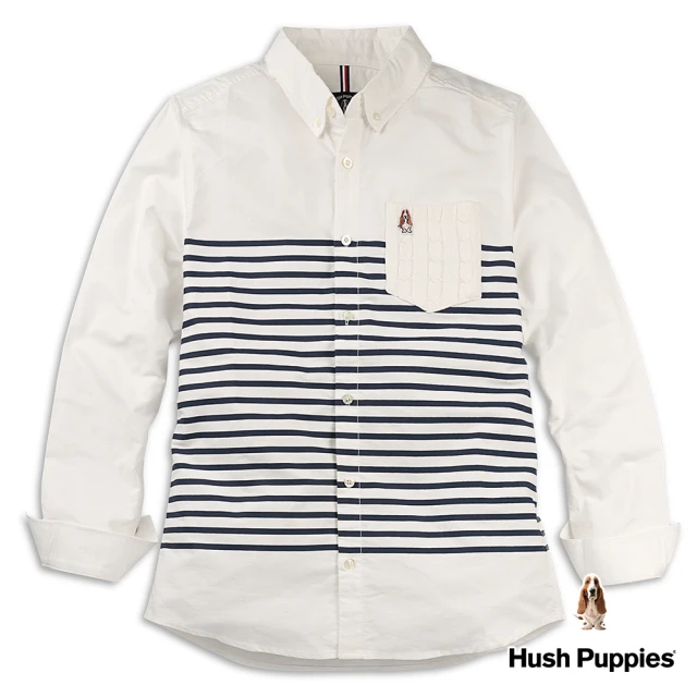 Hush Puppies【Hush Puppies】男裝麻花口袋條紋長袖襯衫(白色 / 24112102)