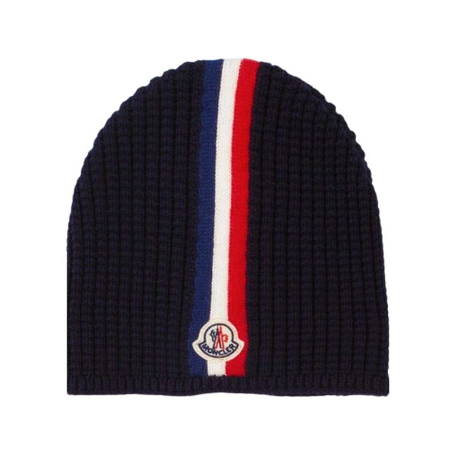 MONCLER【MONCLER】童裝 品牌LOGO 藍白紅色條紋深藍色毛帽(S號)