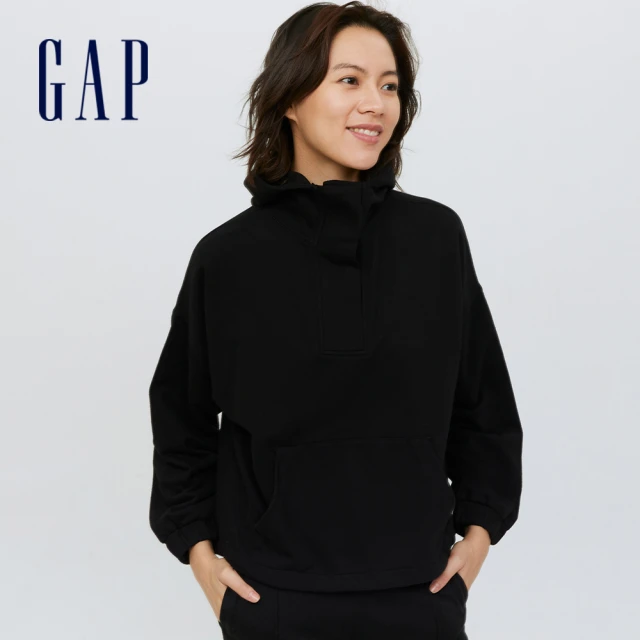 GAP【GAP】女裝 碳素軟磨 法式圈織系列 潮流寬鬆連帽休閒上衣(475311-黑色)