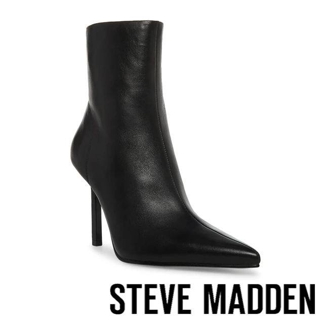 【STEVE MADDEN】IYANNA 真皮尖頭細高跟短筒靴(黑色)