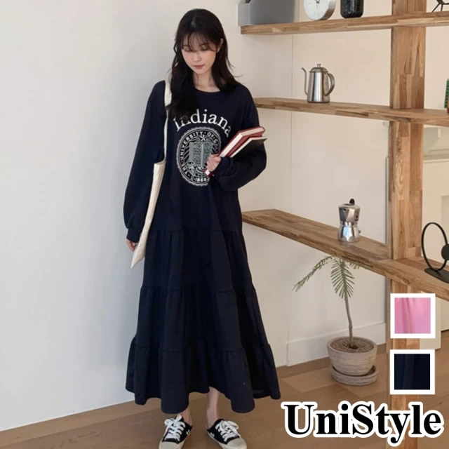 【UniStyle】韓系圖騰印花長袖甜美蛋糕裙連身洋裝 女 ZM116-0214(粉紅 藏青)