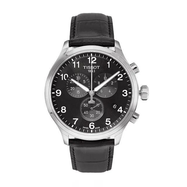 【TISSOT 天梭】Chrono XL 銀框 三眼計時 黑面皮革腕錶(T116.617.16.057.00)