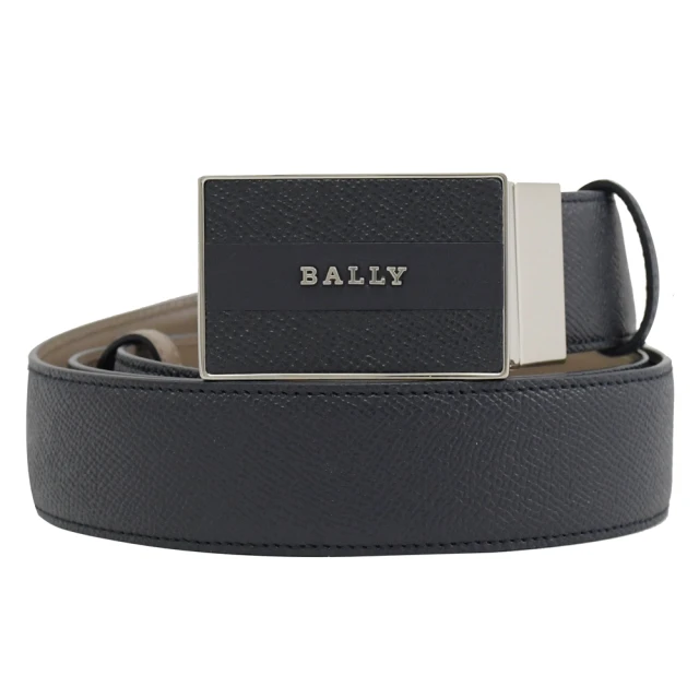 【BALLY】OLIVER 經典品牌LOGO小牛皮雙色雙面針扣皮帶(深藍/卡其)