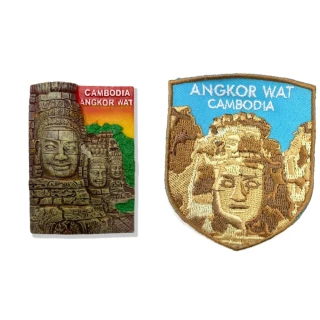 柬埔寨吳哥窟金微笑立體磁鐵+柬埔寨 吳哥窟 布藝徽章2件組外國地標磁鐵 紀念磁鐵療癒小物(C87+309)