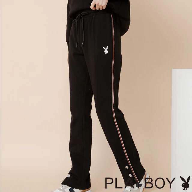 PLAYBOY【PLAYBOY】開衩側邊織帶長褲(黑色)
