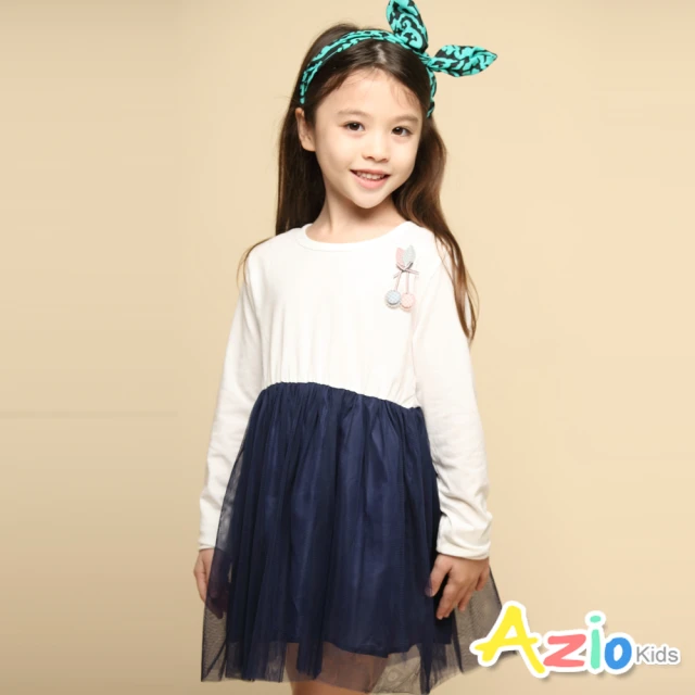 【Azio Kids 美國派】女童 洋裝 立體葉子小花吊飾網紗長袖洋裝(藍)