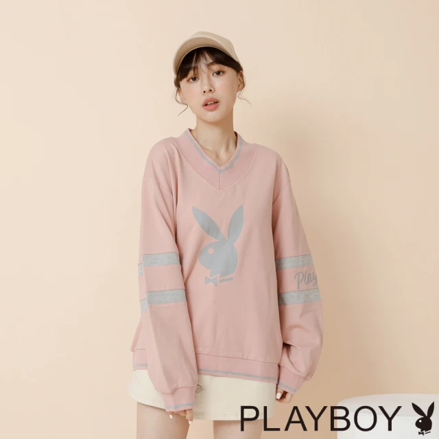 【PLAYBOY】學院風羅紋配條上衣(粉色)