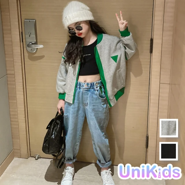 【UniKids】中大童設計感雙面穿長袖夾克棒球服外套 女大童 JSB003(灰 黑)