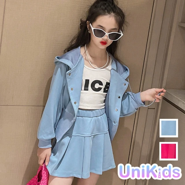UniKids【UniKids】中大童2件式套裝連帽外套百褶短裙個性甜美風 女大童 JStsd(玫瑰紅 淺藍)