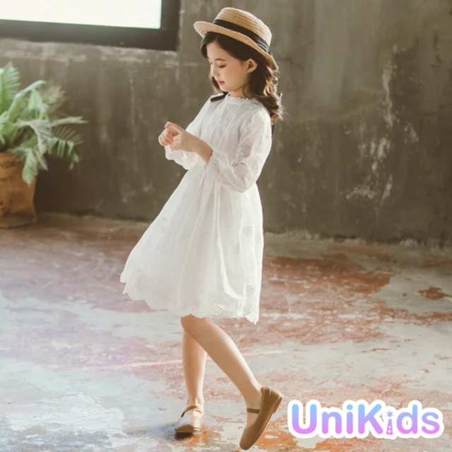 UniKids【UniKids】中大童優雅甜美蕾絲長袖連身洋裝 女大童 JS花朵蕾絲(白)