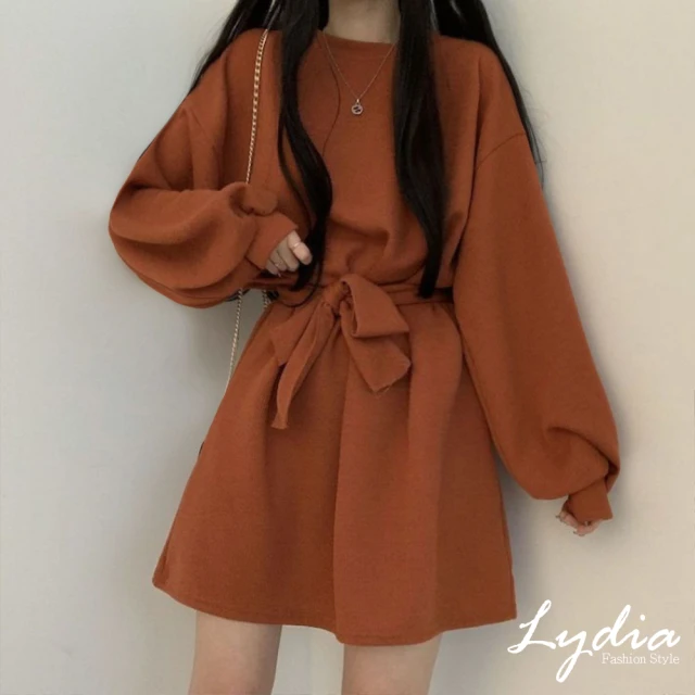 Lydia【Lydia】韓版氣質收腰顯瘦綁帶寬鬆洋裝(焦糖咖/黑 F)